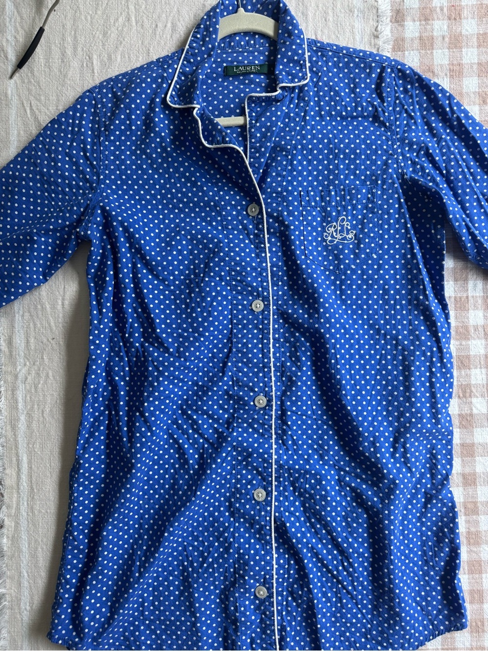 Ralph Lauren Blue Polka Dot Button-Front Pajama Top with White Piping